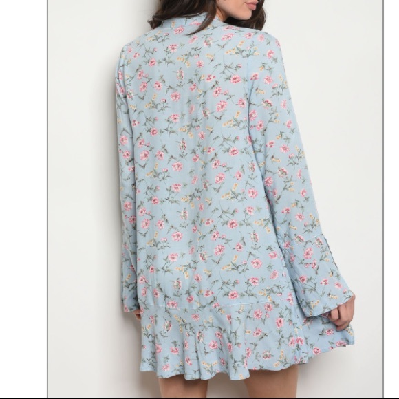 Pale blue floral dress w/high-neck tie - Picture 5 of 8